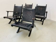 SET OF FOUR MID CENTURY PERUVIAN AZTEC DESIGN, TOOLED LEATHER FOLDING CHAIRS WITH TURNED SUPPORTS.