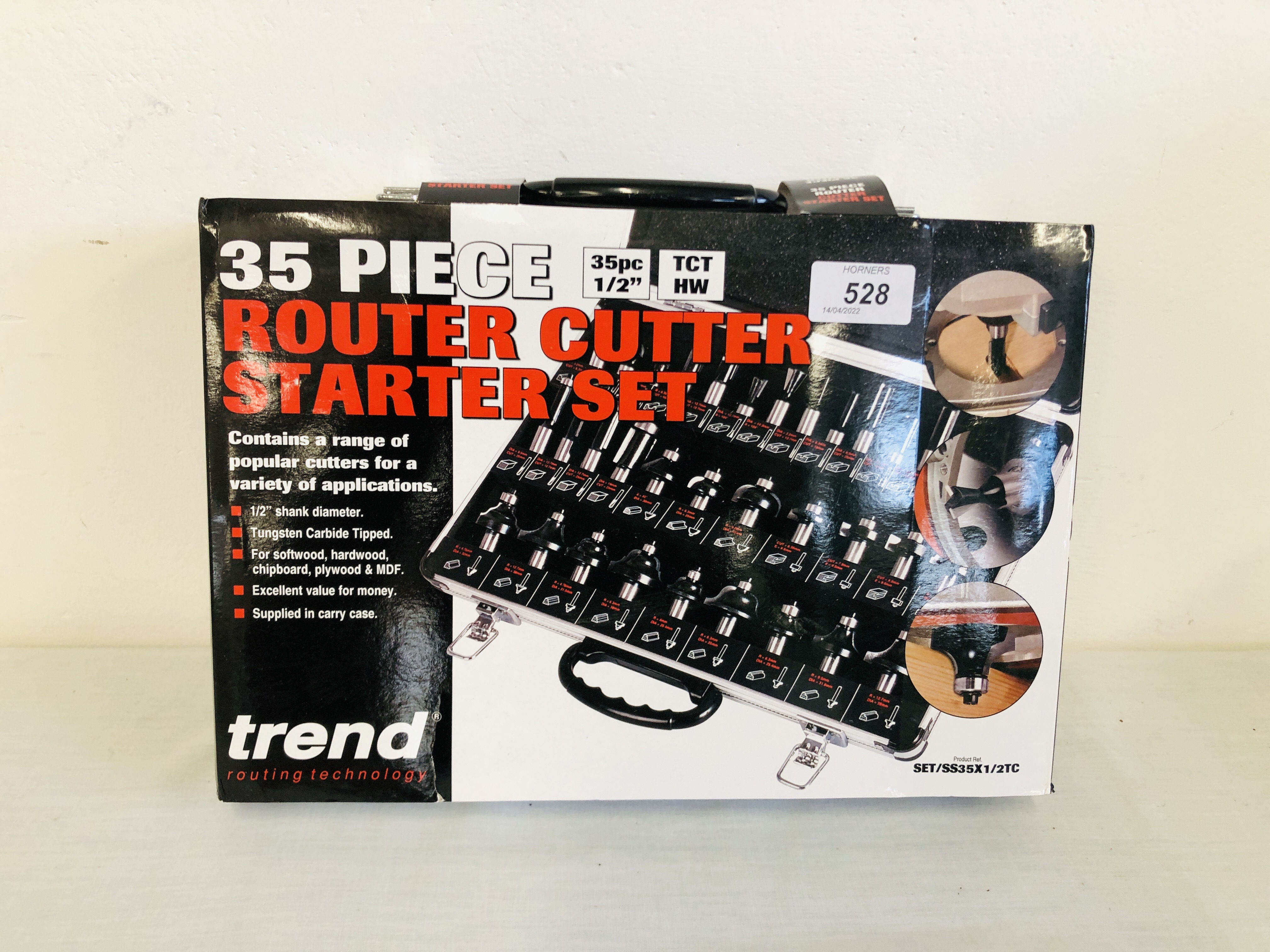 A CASED 35 PIECE SET OF TREND ½ INCH ROUTER CUTTER BITS (APPEARS UNUSED) - SOLD AS SEEN.