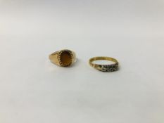 YELLOW METAL 3 STONE DIAMOND RING (WORN CONDITION) ALONG WITH A 9CT GOLD RING,