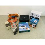 A PLATINUM PORTABLE GAS HEATER BOXED, QUEST COMPACT ELECTRIC COOKING PLATE,