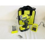 RYOBI 18 VOLT CORDLESS POWER IMPACT DRIVER MODEL RID1801 WITH CARRY CASE, CHARGER,