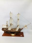 A " HMS BOUNTY C.1750" MODEL SAILING SHIP TOTAL LENGTH 90CM. TOTAL HEIGHT 73CM.