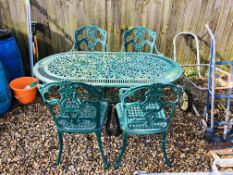 AN ORNATE DECORATIVE CAST ALUMINIUM GARDEN TABLE AND CHAIR SET (TABLE + 4 CHAIRS) 81CM X 142CM.