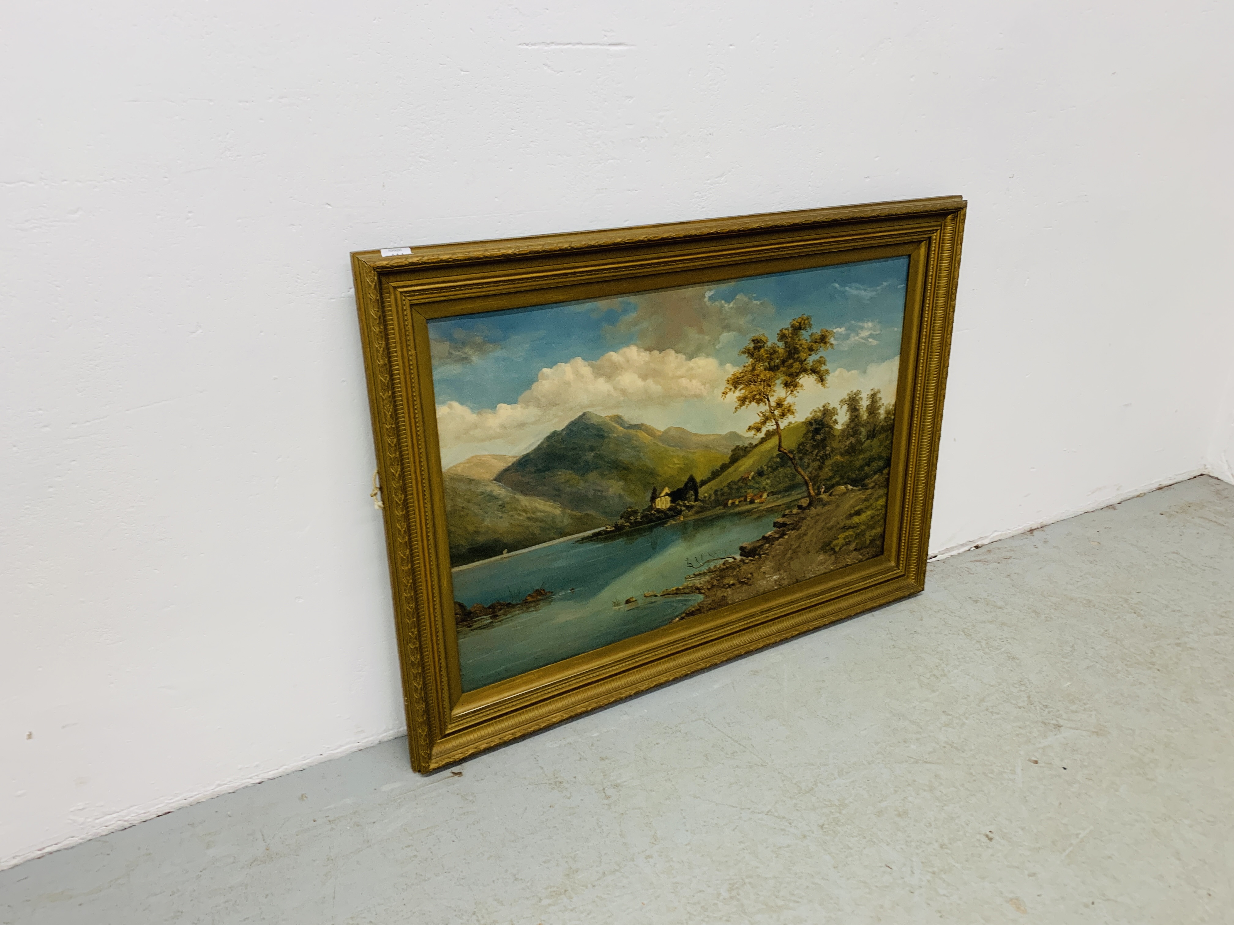 AN UNSIGNED FRAMED OIL ON CANVAS "LAKE DISTRICT SCENE" WIDTH 90CM. HEIGHT 60CM. - Image 5 of 6