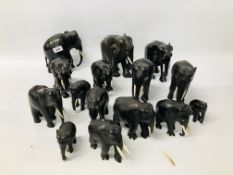 COLLECTION OF 14 EBONY WOOD ELEPHANTS (SOME TUSKS A/F)