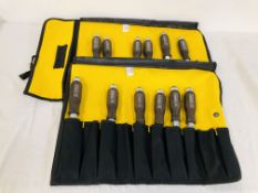 TWO STANLEY TOOL ROLLS CONTAINING A SET OF TWELVE NAREX CARPENTRY CHISELS (50, 40, 30, 26, 22, 20,
