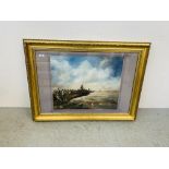 A GILT FRAMED AND MOUNTED OIL ON BOARD GORLESTON HARBOUR BEARING SIGNATURE JAMES ALLEN 76,