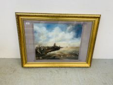 A GILT FRAMED AND MOUNTED OIL ON BOARD GORLESTON HARBOUR BEARING SIGNATURE JAMES ALLEN 76,