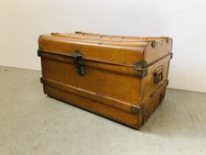 A VINTAGE PAINTED TIN TRUNK WIDTH 75CM. DEPTH 54CM. HEIGHT 46CM.