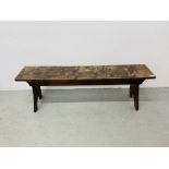 A JACK GRIMBLE BESPOKE HAND CRAFTED SOLID OAK BENCH SIGNED AND DATED CROMER 1967 141CM. X 28CM.