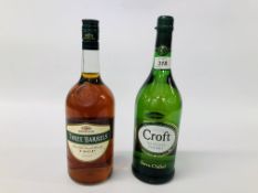 LITRE BOTTLE OF CROFT ORIGINAL SHERRY AND A LITRE BOTTLE OF RAYNAL & CIE THREE BARRELS BRANDY.