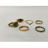 2 X 9CT GOLD SIGNET RINGS, 9CT GOLD WEDDING BAND, WISHBONE RING YELLOW METAL INDISTINCT MARKS,