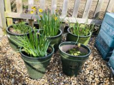 FIVE GREEN GLAZED GARDEN PLANTER POTS TO INCLUDE TWO HERITAGE GARDEN POTTERY.