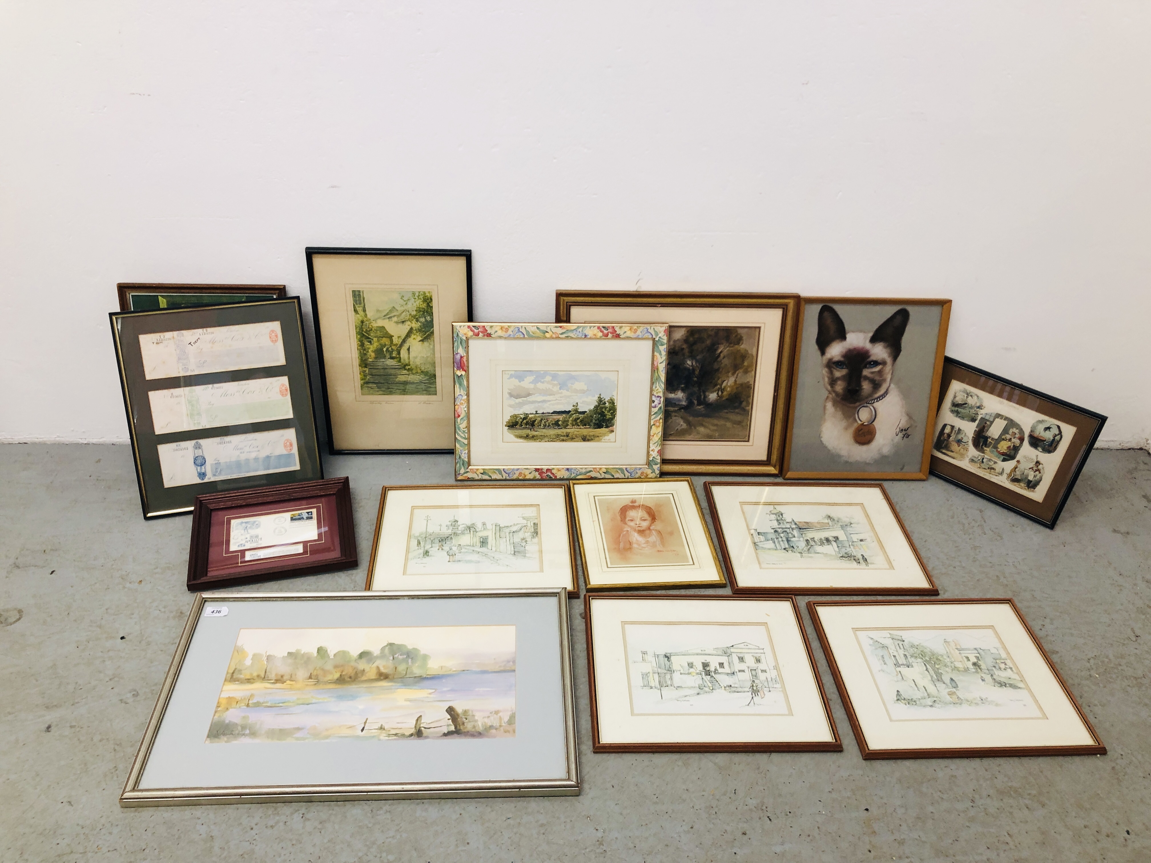 13 FRAMED AND MOUNTED PICTURES, PRINTS, AND WATER COLOURS OF LANDSCAPE BEARING MONOGRAM HLH 1896,