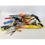 A BOX CONTAINING A SELECTION OF GOOD QUALITY CARPENTRY HAND SAWS TO INCLUDE STANLEY FALMAX, JETCUT,