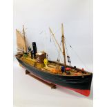 A VINTAGE HAND BUILT WOODEN MODEL OF A STEAM AND WIND POWERED FISHING TRAWLER "LT 103" LENGTH 120CM.