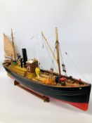 A VINTAGE HAND BUILT WOODEN MODEL OF A STEAM AND WIND POWERED FISHING TRAWLER "LT 103" LENGTH 120CM.