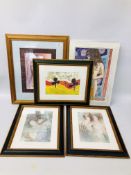 A FRAMED KRYS LEACH "BALINESE BATTIK II" ALONG WITH 2 FRAMED AND MOUNTED PRINTS OF EMBRACED LOVERS,