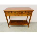 A REPRODUCTION YEW WOOD FINISH MULTI DRAWER HALL TABLE WIDTH 82CM. DEPTH 35CM. HEIGHT 75CM.