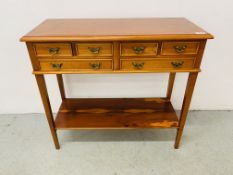 A REPRODUCTION YEW WOOD FINISH MULTI DRAWER HALL TABLE WIDTH 82CM. DEPTH 35CM. HEIGHT 75CM.