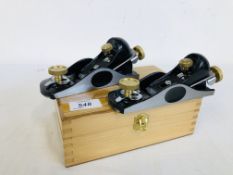 A WOODEN CASED SET OF TWO FAITHFULL TOOLS CARPENTRY BLOCK PLANES AS NEW.