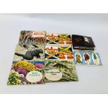 7 ALBUMS OF TEA CARDS + A COLLECTION OF LOCAL PLACE NAME BADGES.