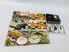 7 ALBUMS OF TEA CARDS + A COLLECTION OF LOCAL PLACE NAME BADGES.
