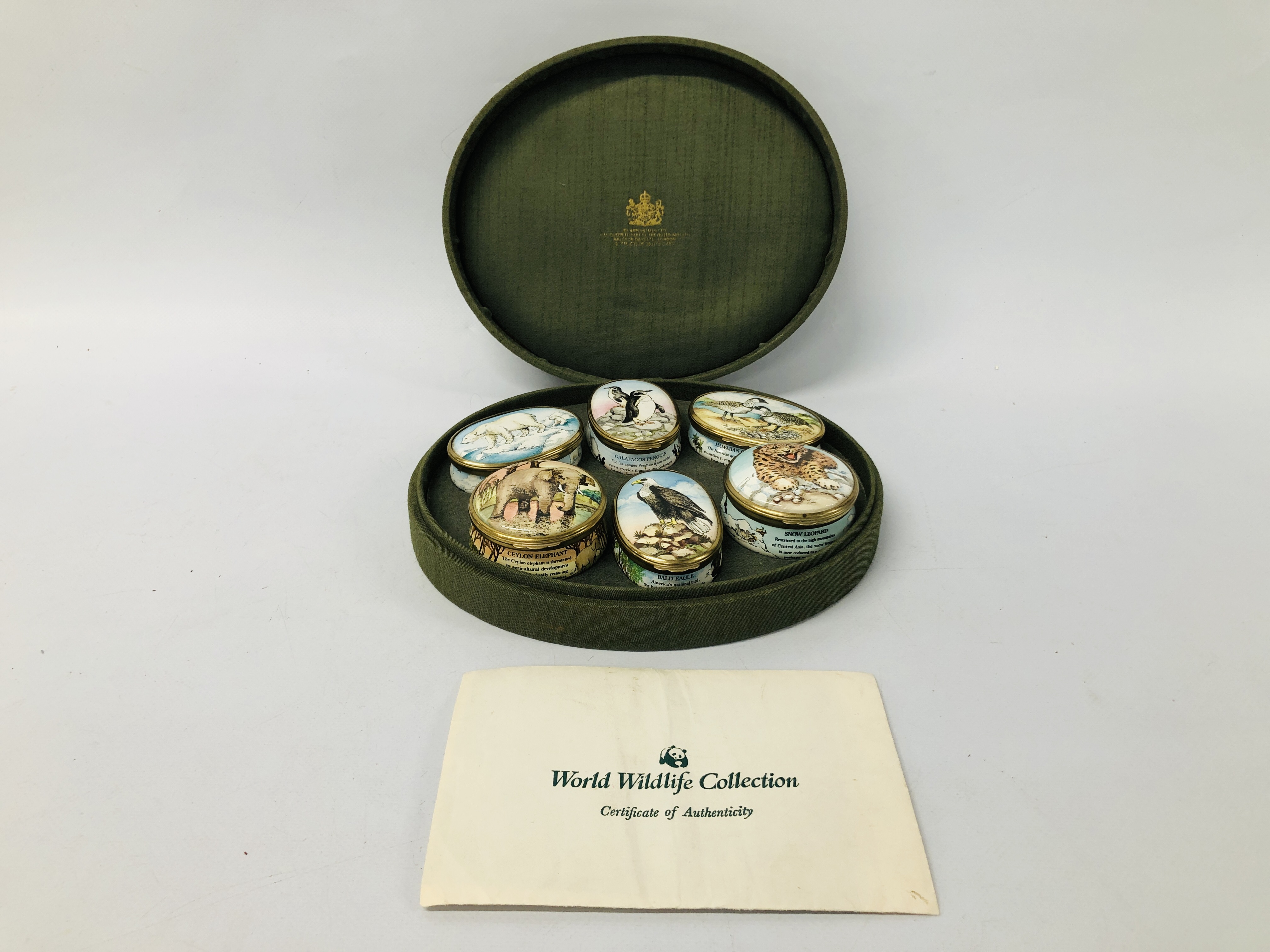CASED SET OF 6 BILSTON AND BATTERSEA ENAMELS "WORLD WILDLIFE COLLECTION" LIMITED EDITION 106/350
