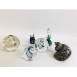 COLLECTION OF ART GLASS PAPERWEIGHTS, INKWELL, SHELL,
