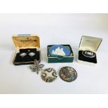 MIXED GRADE SILVER WEDGWOOD AND ABOLONI BROOCHES AND EARRINGS.