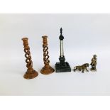 PAIR OF TREEN TWIST CANDLESTICKS, NAPOLEON THERMOMETER, BRASS TIGER AND NAPOLEON