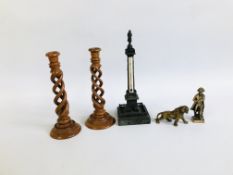 PAIR OF TREEN TWIST CANDLESTICKS, NAPOLEON THERMOMETER, BRASS TIGER AND NAPOLEON