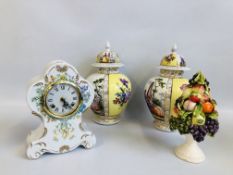 PAIR OF DECORATIVE CONTINENTAL LIDDED URNS, DECORATED WITH CLASSICAL FIGURES AND FLOWER, YELLOW