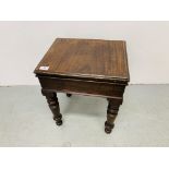 ANTIQUE MAHOGANY HINGED TOP STOOL ON TURNED LEGS W 40CM, D 33CM, H 49CM.