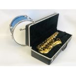 BURSWOOD DRUM ALONG WITH A GERMAN BRASS "KINGSTAR" SAXOPHONE IN FITTED HARDCASE.