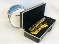 BURSWOOD DRUM ALONG WITH A GERMAN BRASS "KINGSTAR" SAXOPHONE IN FITTED HARDCASE.