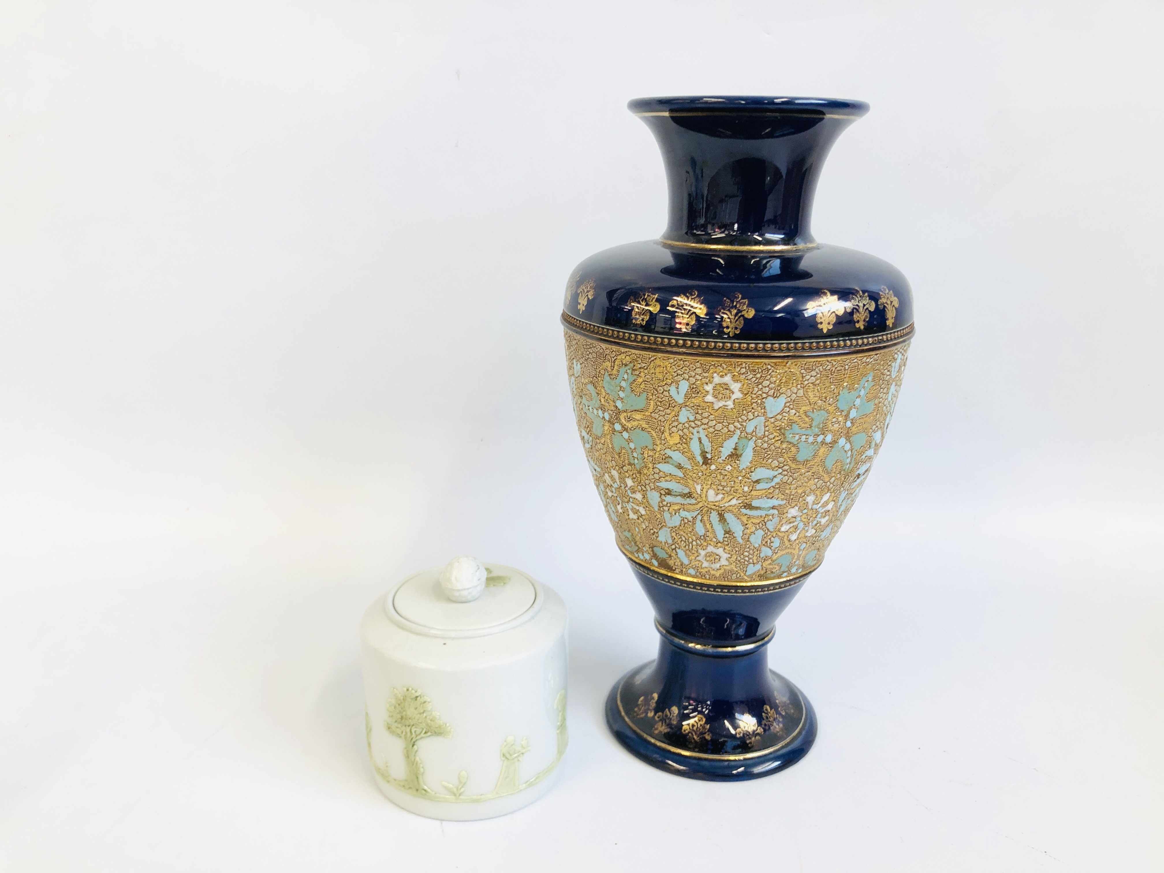 DOULTON LAMBETH VASE BEARING MAKERS NO. X 5561 RG + WEDGWOOD STYLE LIDDED JAR.