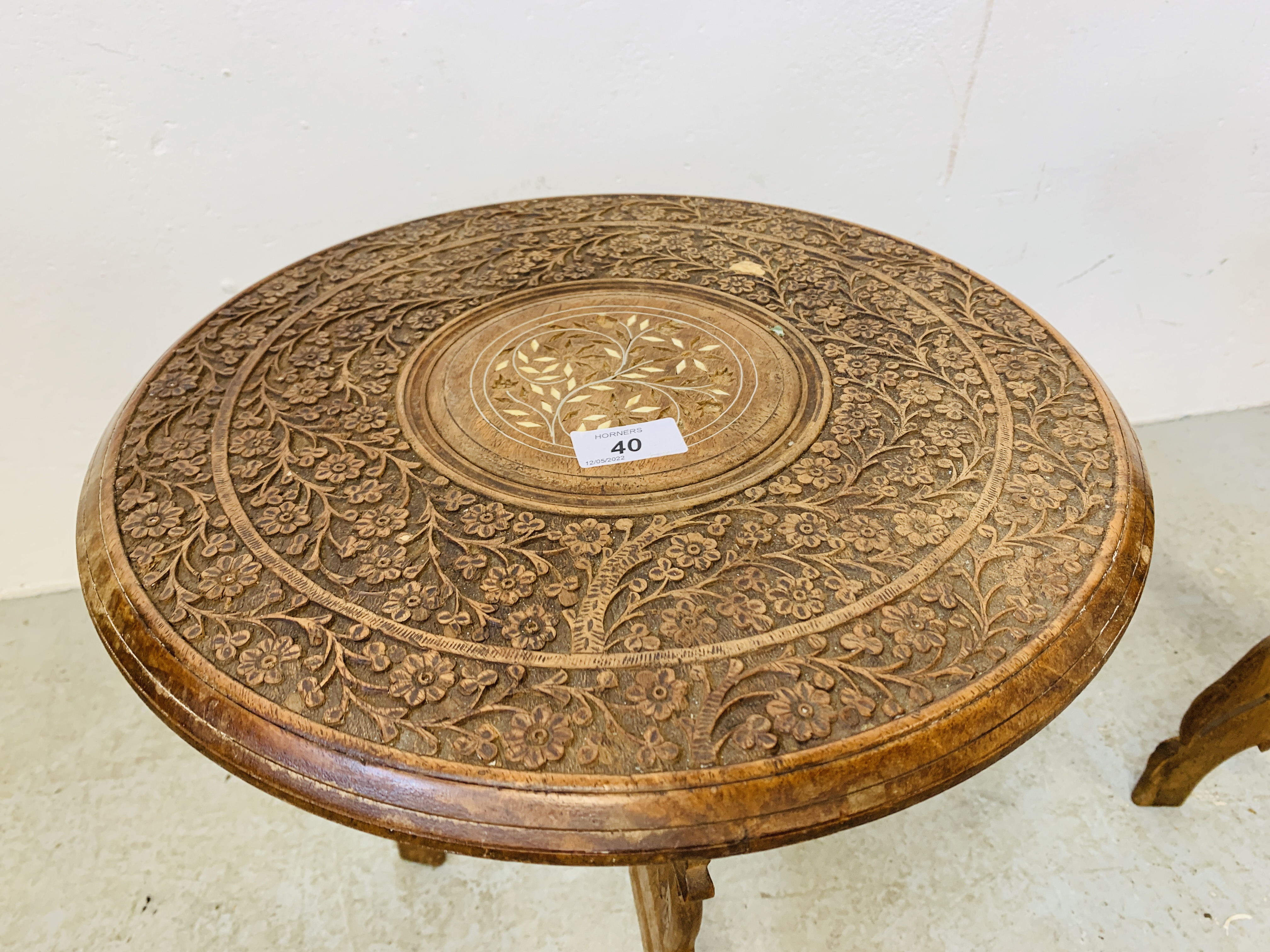 TWO HEAVILY CARVED HARDWOOD OCCASIONAL TABLES D 39CM X H 41CM. - Image 8 of 8