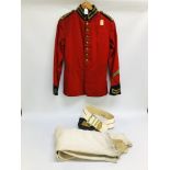A VINTAGE RED MILITARY TUNIC WITH BRASS BUTTON AND GILT THREADED COLLAR AND A PAIR OF WHITE LEATHER