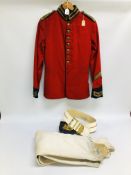 A VINTAGE RED MILITARY TUNIC WITH BRASS BUTTON AND GILT THREADED COLLAR AND A PAIR OF WHITE LEATHER