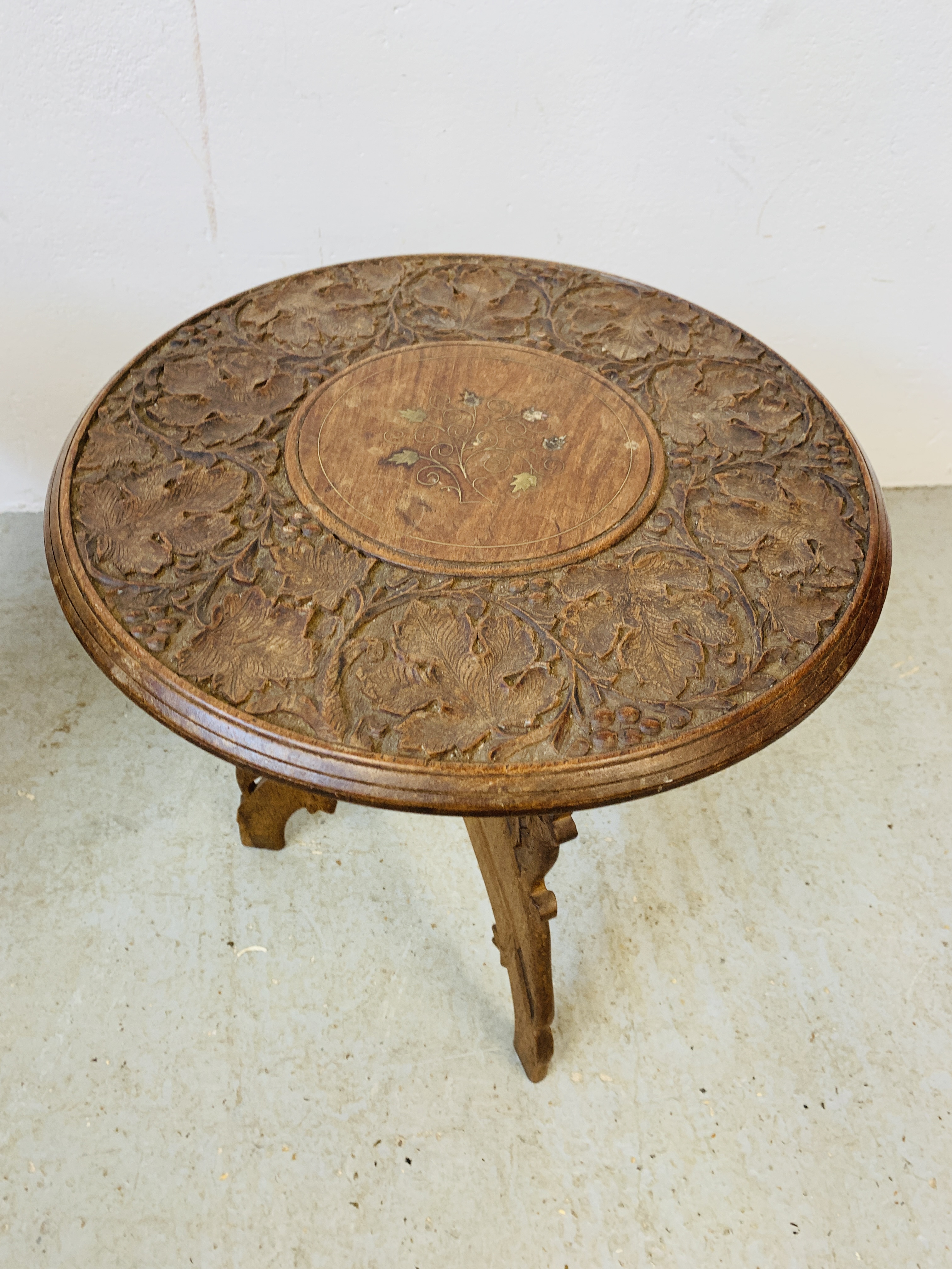 TWO HEAVILY CARVED HARDWOOD OCCASIONAL TABLES D 39CM X H 41CM. - Image 3 of 8