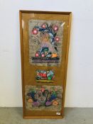 FRAMED DISPLAY OF MEXICAN FOLK ART ON HANDMADE PAPER (FRAME SIZE H 98CM, W 40CM).