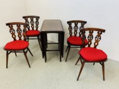A SET OF FOUR ERCOL DINING CHAIRS ALONG WITH A DROP FLAP DINING TABLE