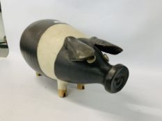 A LARGE POTTERY SADDLE BACK PIG BY S.P.