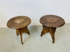 TWO HEAVILY CARVED HARDWOOD OCCASIONAL TABLES D 39CM X H 41CM.