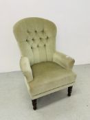 SHERBOURNE REPRODUCTION VICTORIAN STYLE BUTTON BACK ARMCHAIR.