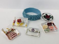 COLLECTION OF 5 REVERSED CARVED LUCITE BROOCHES AND A BRACELET