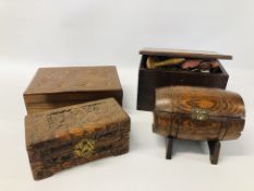 THREE VINTAGE BOXES TO INCLUDE ONE HAVING INLAID DETAIL AND CONTENTS TO INCLUDE SEWING ACCESSORIES