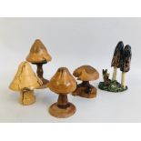 FOUR WOODEN STUDIO TOADSTOOLS TWO BEARING MAKERS LABEL "JOHN ALEXANDER" ALONG WITH A MAJOLICA STYLE