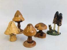 FOUR WOODEN STUDIO TOADSTOOLS TWO BEARING MAKERS LABEL "JOHN ALEXANDER" ALONG WITH A MAJOLICA STYLE